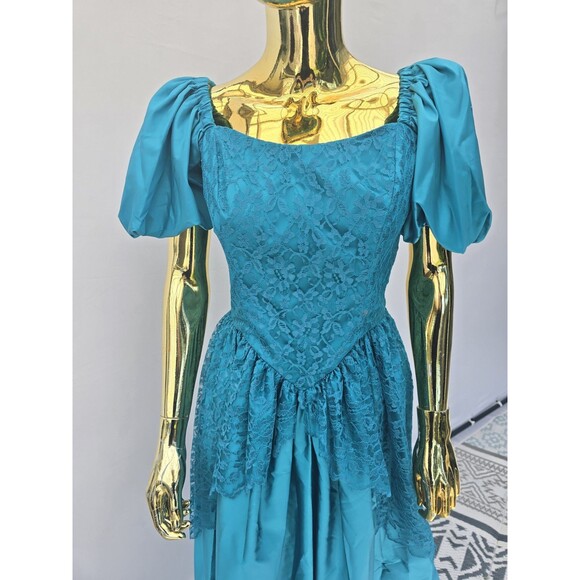 VTG 80s Loralie Blossoms Puff Sleeve On Off Shoulder Lace Dress 12 M - Picture 3 of 9